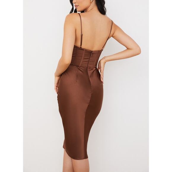 House of CB Myrna Chocolate Satin Corset Slip Midi Dress Size XS Extra Small - Picture 4 of 10